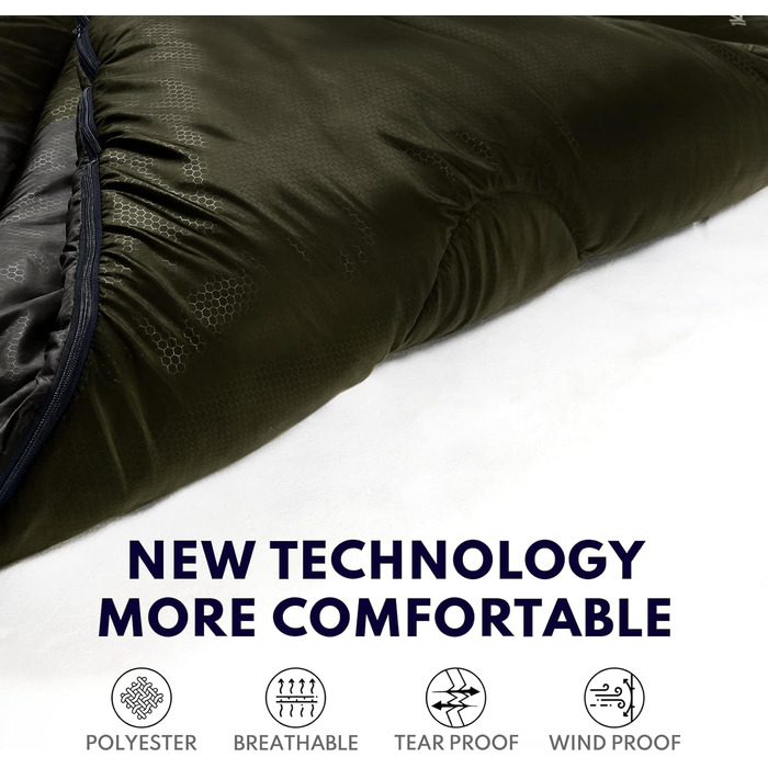 Спальний мішок 0°C XXL для дорослих, теплий клімат, для кемпінгу, зимових пригод, походів, полювання, подорожей (3,2 кг, зелений)