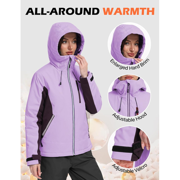 Жіноча лижна куртка GEMYSE: водонепроникна, вітронепроникна, тепла з капюшоном (Eislila/Morgengrau-Lila)