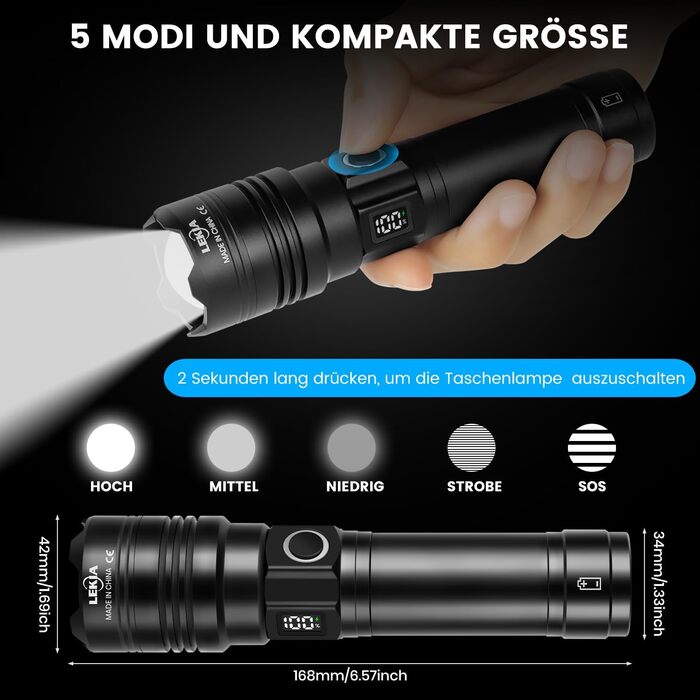 LED ліхтарик LEKIA PHM-30W: 500000 люменів, USB-C, військовий, 5 режимів, IPX6, Zoom, для кемпінгу та надзвичайних ситуацій