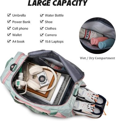 Спортивна сумка для жінок 45L з відділенням для взуття, мокрою сумкою, водонепроникна, для подорожей, спортзалу, басейну. Сумка-рюкзак для фітнесу, спорту, подорожей. Зелена/Рожева.