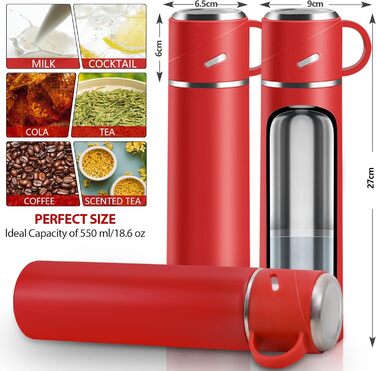 Термос IAGORYUE з нержавіючої сталі, 0.55л, з ізоляцією та виливним кришкою, подвійні стінки, зберігає тепло/холод до 12 годин, для спорту, офісу, відпочинку на природі (червоний)