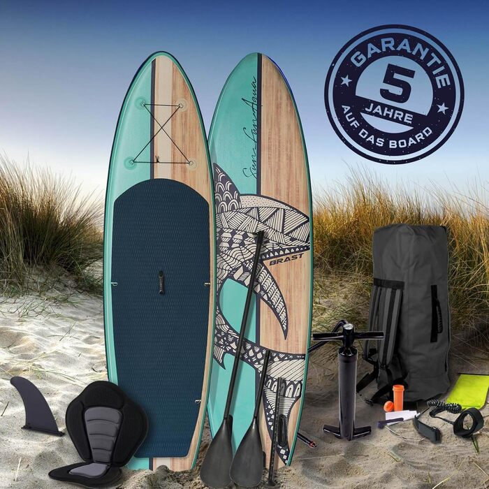 Надувний SUP Board BRAST Retro | Комплект для станд-ап паддлбордингу | 320x81x15 см | 3 моделі | 5 років гарантії | з аксесуарами | 2в1: SUP board та каяк | Action-Cam, петля для ніг, насос, рюкзак | Колір: NATURAL