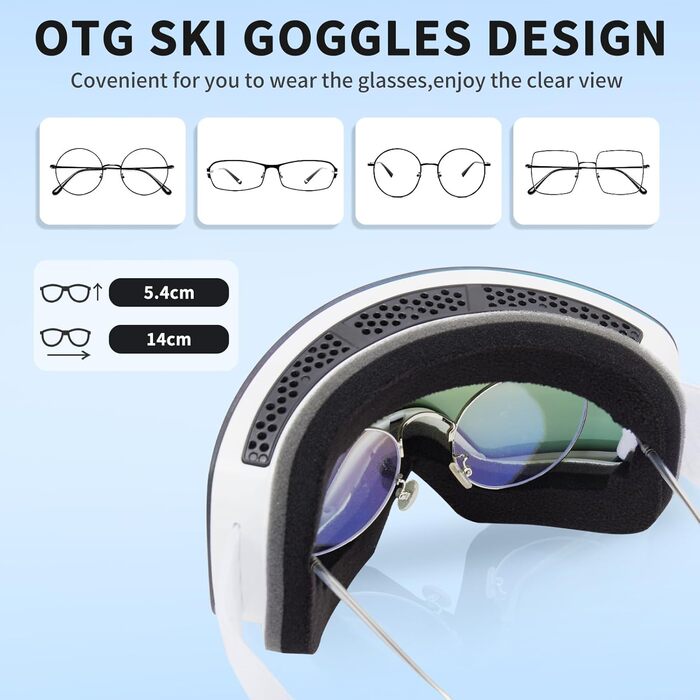 Скі-маска для дорослих (чоловіків та жінок) YH227, сноуборд маска для носіння з окулярами, Anti Fog OTG, захист від сонця UV, антиковзне наголов'я, повне REVO-дизайн, білий/сріблястий, VLT 13%