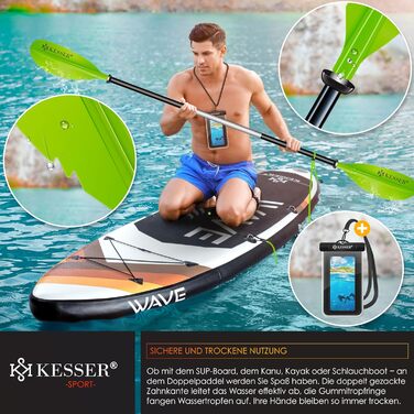 Веслування KESSER® Paddle Doppelpaddel - 4-частини для каяка, SUP, станд-ап паділбордингу, 228 см, алюміній. Ідеально для човна, веслування стоячи. В комплекті: страховочна мотузка, чохол для телефону, дошка для серфінгу. (Зелений)