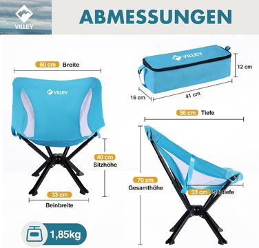 Складний туристичний стілець VILLEY, блакитний, з алюмінієвим каркасом, 150 кг, з сумкою для відпочинку та риболовлі