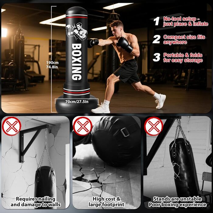 Надувний боксерський мішок Qoosea 190 см з рукавичками для дорослих та підлітків. Ідеально для карате, кікбоксингу, Taekwondo, MMA