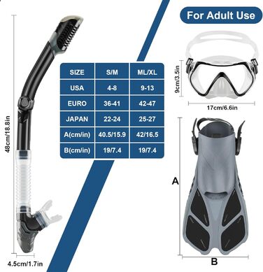 Набір для снорклінгу ZEEPORTE: маска, ласти, трубка (сірий), розмір ML/XL