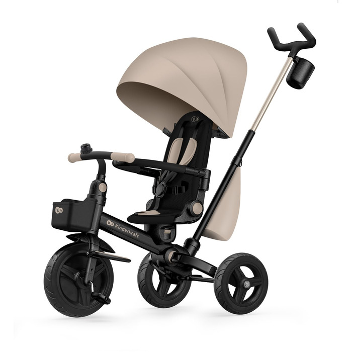 Триколісний велосипед Kinderkraft Aveo для дітей від 9 місяців до 25 кг, з батьківською ручкою, компактно складається, поворотне сидіння, розкладне сонцезахисне козирком, з тримачем для напоїв та кошиком, Рожевий