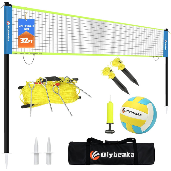 Волейбольне мережеве поле для трави, газону, двору, в приміщенні та на вулиці. Регульоване по висоті, міцне, комплект з натягувачами та затискачами. 32 фути, блакитний + жовтий