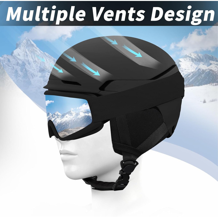 Шкільний шолом з маскою, DXH811. Унісекс, знімні навушники, дихаюча вентиляція, регульований захист від УФ-випромінювання. Підходить для сноубордингу та катання на лижах. Матовий чорний + маска + шолом M