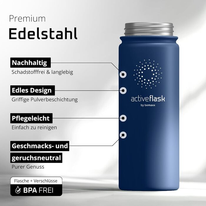 Фляга ACTIVE FLASK з нержавіючої сталі з трубочкою (3 кришки), BPA-free, не протікає, підходить для газованої води - спортивна фляга, термофляга, ізотермічна фляга для дітей, 530 мл, Navy Blue