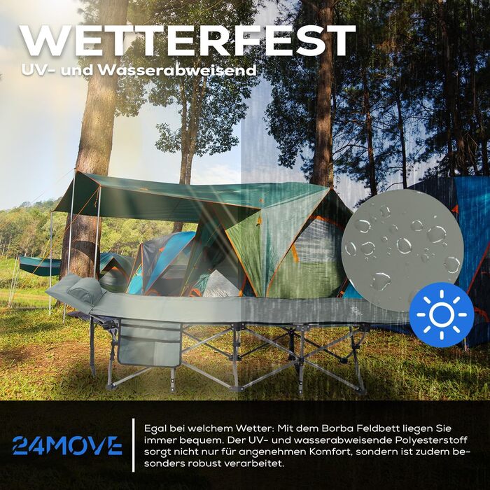 Розкладне ліжко-диван 24MOVE® для кемпінгу та відпочинку на природі, сіре, 190 x 67 x 34 см, до 150 кг