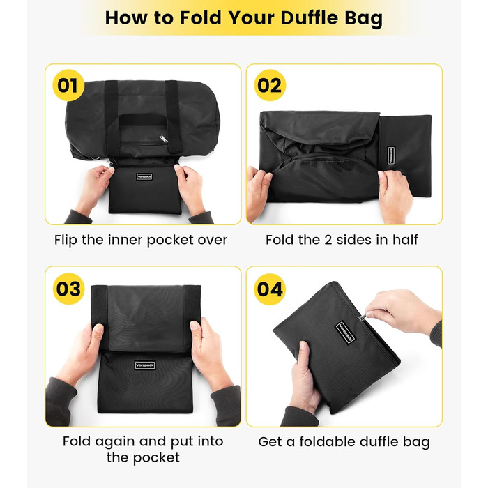 Спортивна сумка Vorspack для чоловіків та жінок — водонепроникна складна дорожня сумка для подорожей, спортзалу та ручної поклажі, чорна, 61 см (24 дюйми)