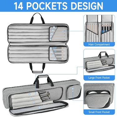 Чохол для більярдних київ на 4 основи та 5 жозлів, сумка для більярдних київ сірого кольору, 14 кишень, з регульованим плечовим ременем (L)