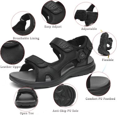 Чоловічі сандалі FLARUT для трекінгу та активного відпочинку, шкіра, відкритий носок, чорні, 44 EU