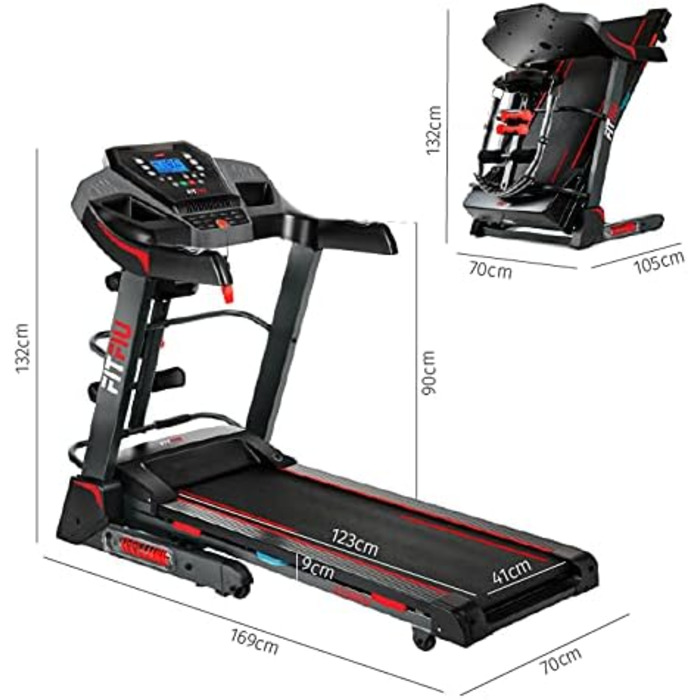 Біговий тренажер FITFIU Fitness MC-500 зі складною конструкцією, автоматичним нахилом, 18 км/год, пульсометром, Bluetooth та підключенням до додатків (Kinomap, Spax, Zwift), площа бігового полотна 41x123 см, максимальне навантаження 120 кг