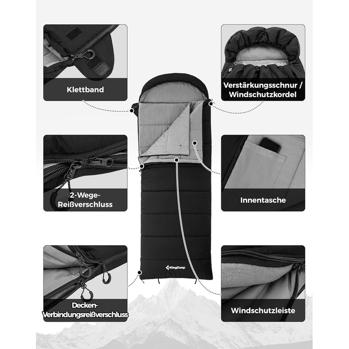Сплячий мішок KingCamp для дорослих 3-в-1 з бавовняним флісовим підкладкою, зимовий, XXL, легкий, теплий, знімний ковдри, для туризму та відпочинку