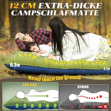 Каремат для кемпінгу, надувний, з інтегрованою помпою, компактний, для подорожей та походів (зелений)
