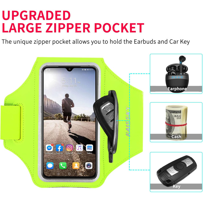 Спортивний браслет Haissky з кишенькою для навушників - рукав для телефону для iPhone 16 Pro Max/15 Pro/14/13 Pro/12 Plus, Huawei P70 Pro/P60 Pro/Mate 60, Xiaomi, Galaxy (до 6.9 дюймів) - сірий/зелений