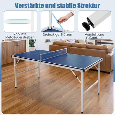 COSTWAY Міні стіл для пінг-понгу складний, стіл для тенісу вологостійкий, з сіткою, 2 ракетки та м'ячі, готовий до використання, для відпочинку в приміщенні та на вулиці, 152,5 x 76 x 71 см