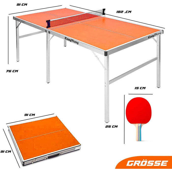 Стіл для настільного тенісу EasyPong Orange 182x91 см, преміум-якість, для дому та вулиці, з ракетками та м'ячами, легкий та міцний