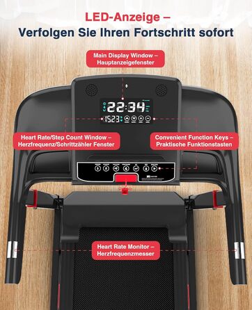 Біговий тренажер Redliro з автоматичним нахилом 15% - складний, до 160 кг, з регульованим поручнем та Bluetooth, для дому