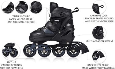 Дитячі ролики Meteor Rox з регулюванням – інлайнери для дівчаток та хлопчиків, підшипники ABEC-7 Carbon, колеса PU 72mm 80A, алюмінієвий фрейм, розміри S30-33, M34-37, L38-41 (L 38-41, Чорний)