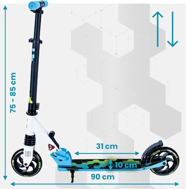 Самокат міський Bergen City Scooter Sonic – алюмінієвий, складаний, колеса PU 145мм, амортизатор, гальмо заднє, регульована висота, для дітей від 5 років, легкий, чорний/білий/синій/зелений
