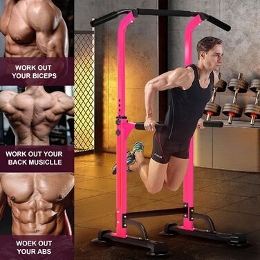 SDHYL Комплекс для тренувань Power Tower: турнік, бруси для віджимань, петлі для підтягувань, регульована висота, тренажер для пресу та спини. Підходить для початківців та професіоналів. Рожевий/Чорний