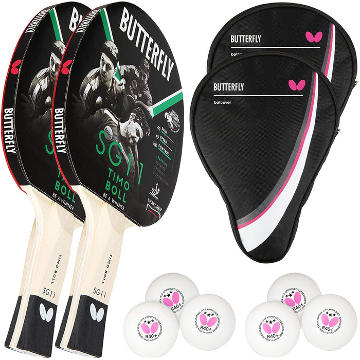 Набір для настільного тенісу Butterfly Timo Boll: 2 ракетки SG11, 2 чохли Drive Case, 2 м'ячі 3*** ITTF R40+ | Комплект для хобі та тренувань