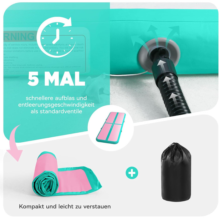 Мата Airtrack Matte для гімнастики, йоги та тренувань: 2/3/4/5/6м, 10/15см товщина, з електричним насосом 600W, для дому, на вулицю, фітнес, гімнастика, зелено-рожевий колір