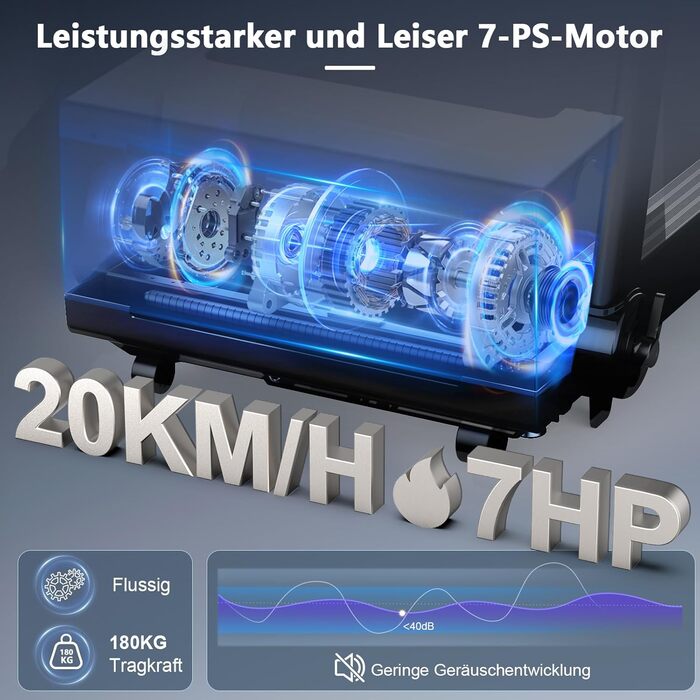 Бігова доріжка для дому Laufband 7HP, складний, кут нахилу 20%, швидкість 1-20 км/год, макс. вага 180 кг, Bluetooth, пульсометр, LED-дисплей, тримач для планшета, преміум чорний