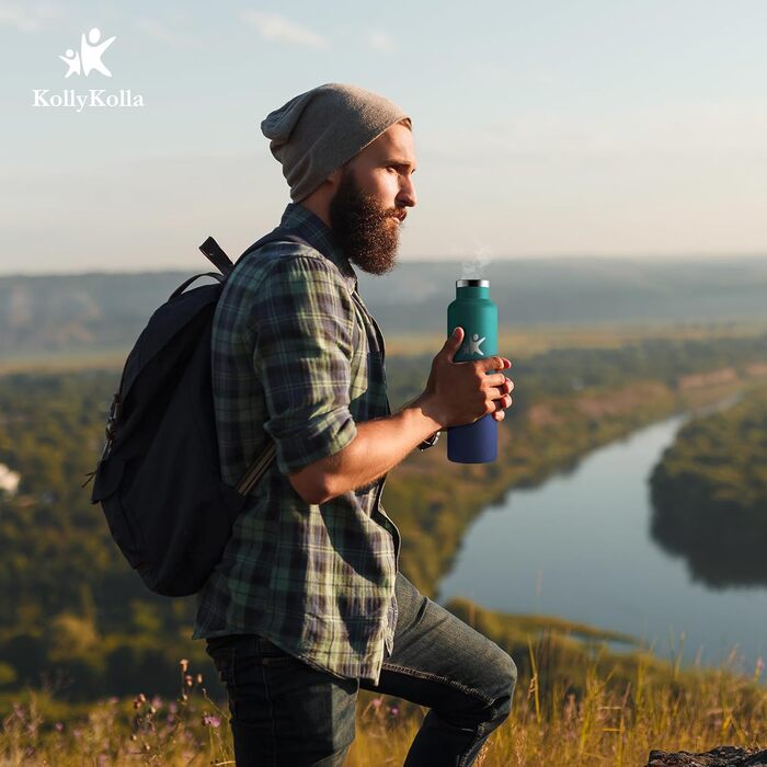 Фляга KollyKolla 750 мл з нержавіючої сталі, термос-фляга з трубочкою, без BPA, для газованої води, вакуумна, для дорослих, універсальна, спортивна, для офісу, спортзалу, велосипеда, кемпінгу, темно-синій (1000 мл, темно-зелений + темно-синій)