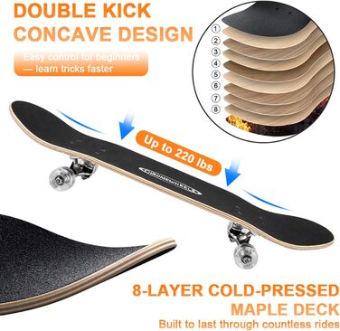 Скейтборд ChromeWheels 31 дюйм Double Kick Cruiser Longboard для дітей та початківців з кленовою декою 8 шарів (Feuer)