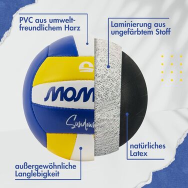 М'яч для волейболу Momevo на пляж, розмір 5, сертифікований DVV, м'яка поверхня, ідеальний для пляжного та пісочного спорту, у подарунчому наборі з насосом (блакитно-біло-жовтий)