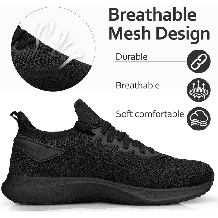 Чоловічі кросівки для бігу та занять спортом: чорні, легкі, дихаючі, slip-on, розмір 45 EU