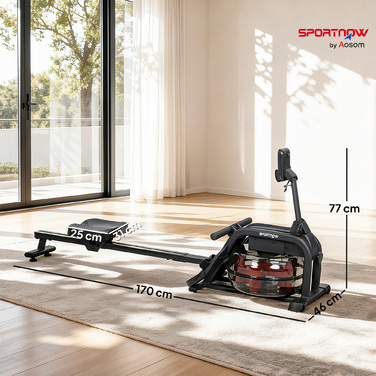 Гребний тренажер для дому з резервуаром для води об'ємом 6-11 л, LCD-дисплеєм, тримачем для телефону, максимальною вагою користувача 135 кг, сталевий каркас, чорний колір