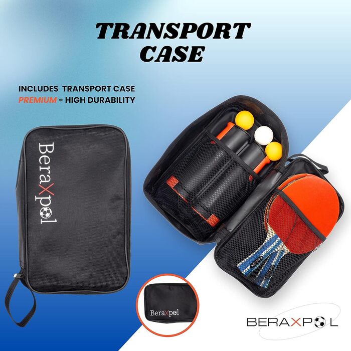 BERAXPOL Набір для настільного тенісу Premium, портативний, все в одному | М'ячики, сітка, сумка | Для сім'ї, подарунок
