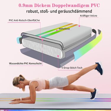 Гімнастичний надувний мат для дому, 3,5 м, у кольорах веселки (з повітряним насосом)