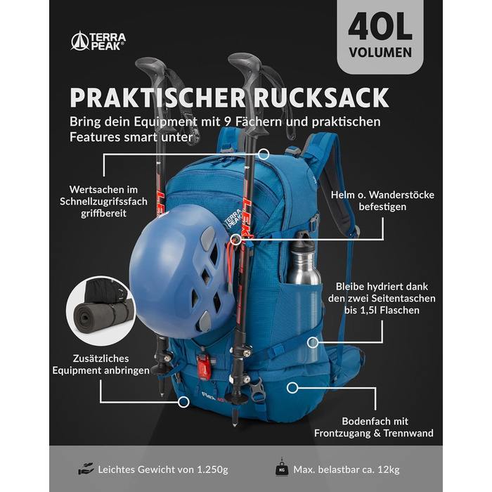 Туристичний рюкзак Wanderrucksack 40L Flex 40 Premium, синій, з вентиляцією спини, дощовиком, кріпленням для питної системи, поясним ременем, 3D Air Mesh, для трекінгу, походів, аутдор