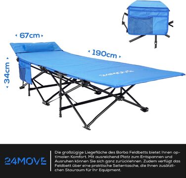 Розкладне ліжко 24MOVE® для кемпінгу та відпочинку на природі, 190 x 67 x 34 см, до 150 кг, з сумкою, блакитне
