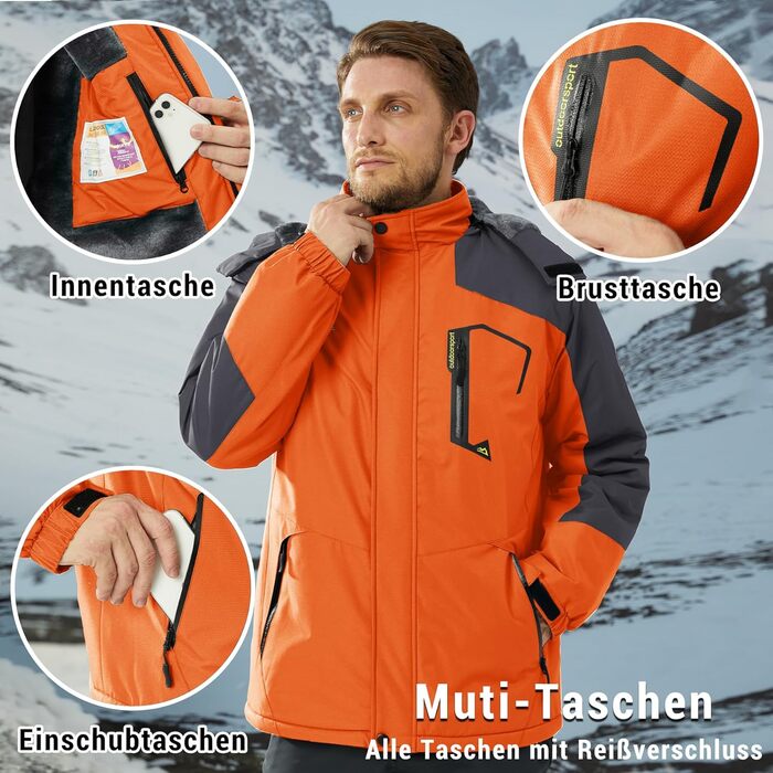 Чоловіча зимова куртка KEFITEVD: водонепроникна, з відстібаною капюшоном, для сноуборду та активного відпочинку, XXL, сіро-помаранчевий