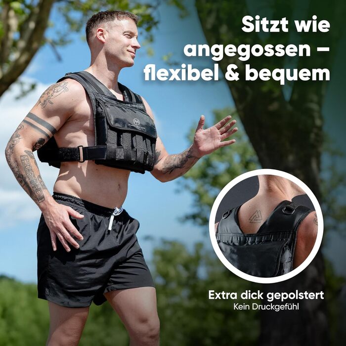 Вага для тренувань PURE MAJIN® 20 кг, регульована, з кишенею та металевим ременем | Фітнес, воркаут, біг, калістеніка, обладнання, вага, тренування - чорний або камуфляжний чорний