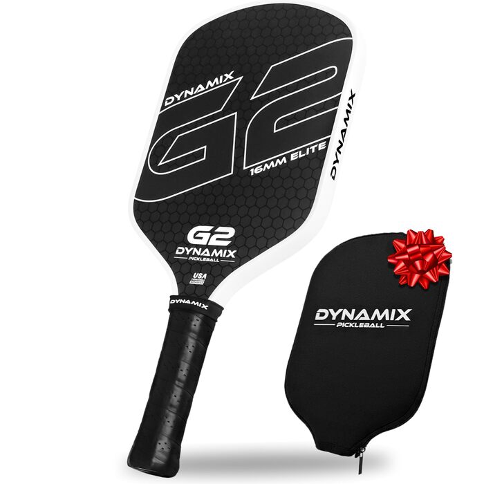 Пікбол ракетка з вуглецевого волокна Gen-2, 16 мм, схвалена USAPA, для професійного рівня, потужність, обертання та стабільність, довгаста, легка Pro-Balance (чорний хват / білий обід)