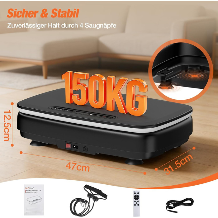 Вібраційна платформа DH FitLife для дому | Рюттельплатта з 0–99 рівнями та таймером | 9 автоматичних програм | Тиха вібраційна платформа з присосками | Підсвічування та Bluetooth-динамік | З ременями | Макс. 150 кг