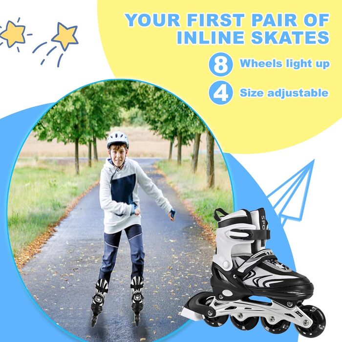 Регульовані дитячі ролики для хлопчиків та дівчаток, ролики для дітей, ролики для дівчаток та хлопчиків, ролики для підлітків, ролики для малюків, для занять в приміщенні та на вулиці, чорно-білі