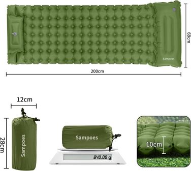 Надувний килимок для кемпінгу Isomatte, 10 см, самонадувний, з насосом, для туризму та відпочинку на природі (зелений, одинарний)