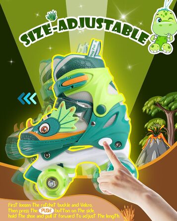 Ролики дитячі Kinder Dinosaurier з підсвічуванням, розмір регулюється, зелені