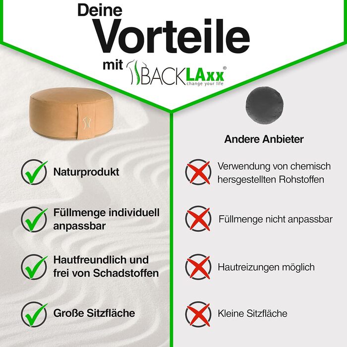 Йога подушка BACKLAXX® для медитації XL, діаметр 35 см, висота 15 см, з наповнювачем з гречаної лузпи, з відеокурсом - пуф-подушка для сидіння на підлозі (Абрикосовий жовтий)