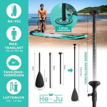 Надувна SUP дошка He-Ju 335x84x15 см для початківців та досвідчених, водонепроникна, з комплектом аксесуарів, м'ятна